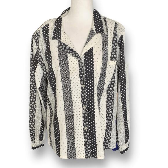 Vintage 90s Blouse Black White Semi Sheer Abstract Geometric Stripe Shirt 14 - Picture 11 of 11